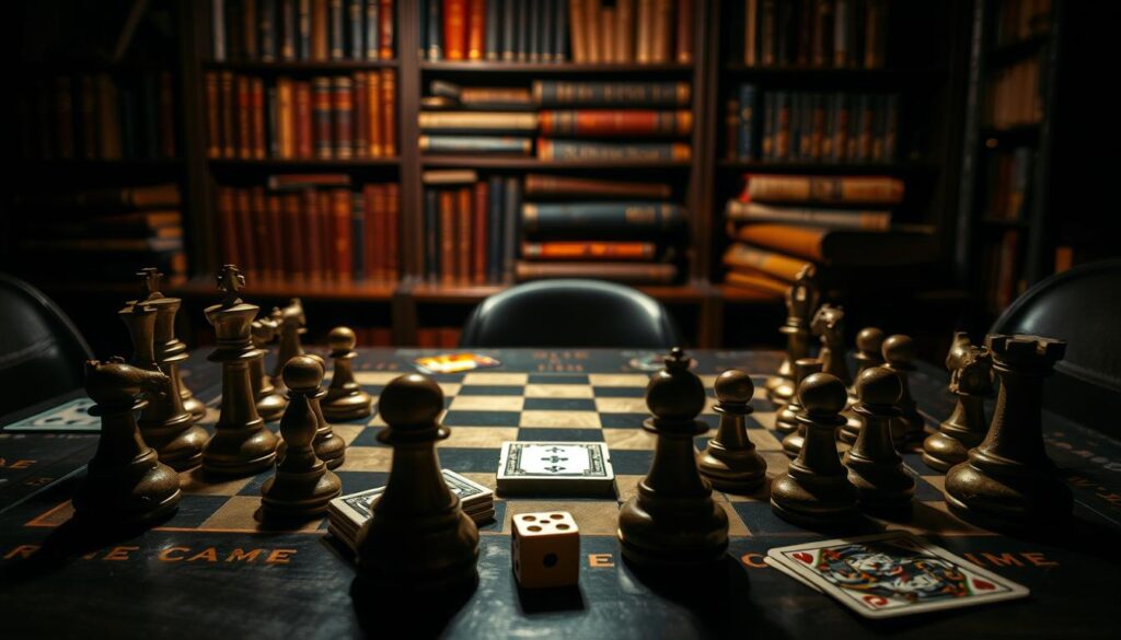 A dimly lit, strategic gaming table showcases an array of gaming pieces and cards. In the foreground, a chessboard with pieces positioned in a complex, unorthodox arrangement, representing a mix of offensive and defensive tactics. In the middle ground, a deck of playing cards and a pair of dice, hinting at the unpredictable nature of mixed strategies. The background features a bookshelf filled with tomes on game theory and tactical maneuvers, casting a warm, intellectual glow over the scene. The overall atmosphere conveys a sense of deep contemplation and the pursuit of unreadable, multi-faceted gameplay.