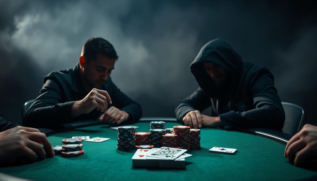 A high-stakes poker table against a dark, moody backdrop. The foreground features two players locked in intense concentration, their faces obscured by shadows, hands hovering over their cards. In the middle ground, stacks of chips and a deck of cards rest on the green felt, conveying the tension and risk of the game. The background is hazy, with a sense of uncertainty and hidden dangers, representing the pitfalls and challenges of advanced preflop strategy. Dramatic lighting casts dramatic shadows, creating a sense of drama and unease. The overall scene captures the strategic complexity and potential perils of navigating the critical preflop phase of a high-stakes poker match.