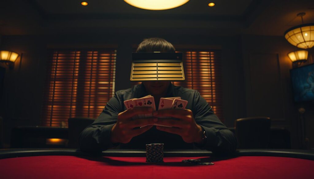 A high-stakes poker table in a dimly lit casino, with a player intently examining their hole cards, their face obscured by the shadows cast by a pair of stylishly designed wooden blinds. The table is illuminated by a single overhead light, casting a warm, cinematic glow and creating a sense of intensity and focus. The player's posture and the subtle tension in their body language suggest a carefully considered, defensive poker strategy. The surrounding environment is slightly blurred, emphasizing the player's intense concentration on the game at hand.