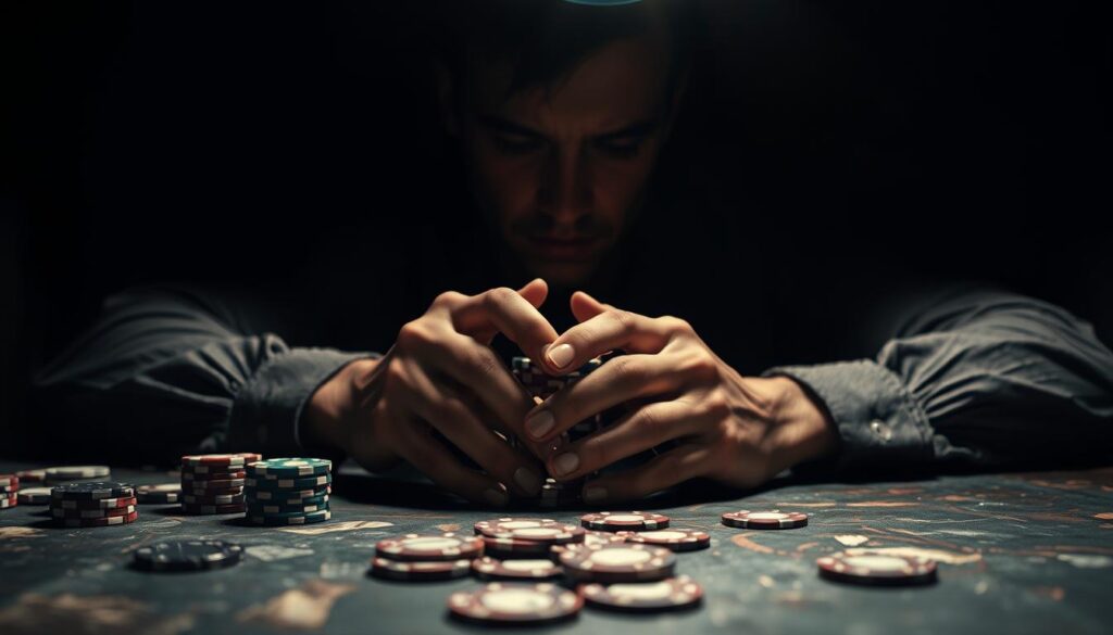 A high-stakes poker table set against a dark, moody backdrop. The table surface is worn and weathered, with chips and cards scattered haphazardly. In the foreground, a player's hands clutch a stack of chips, their face obscured by shadows, conveying a sense of tension and calculated risk. Overhead, a single spotlight casts dramatic shadows, illuminating the subtle shifts in the player's expression as they contemplate their next move. The background is blurred, creating a sense of focus on the critical decision at hand - a board-dependent bluffing strategy that could make or break the game.