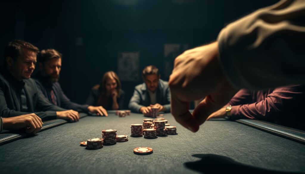 A high-stakes poker table with a dominant player assertively pressing their advantage. The foreground depicts a large hand decisively placing betting chips, conveying a sense of authority and control. The middle ground shows opponents reacting with trepidation, their body language indicating uncertainty. The background is dimly lit, creating an atmosphere of tension and high-stakes. Dramatic chiaroscuro lighting casts dramatic shadows, heightening the sense of power dynamics. A wide-angle lens emphasizes the player's dominating presence, while a low camera angle further accentuates their commanding position. The overall mood is one of calculated aggression and the wielding of positional leverage.