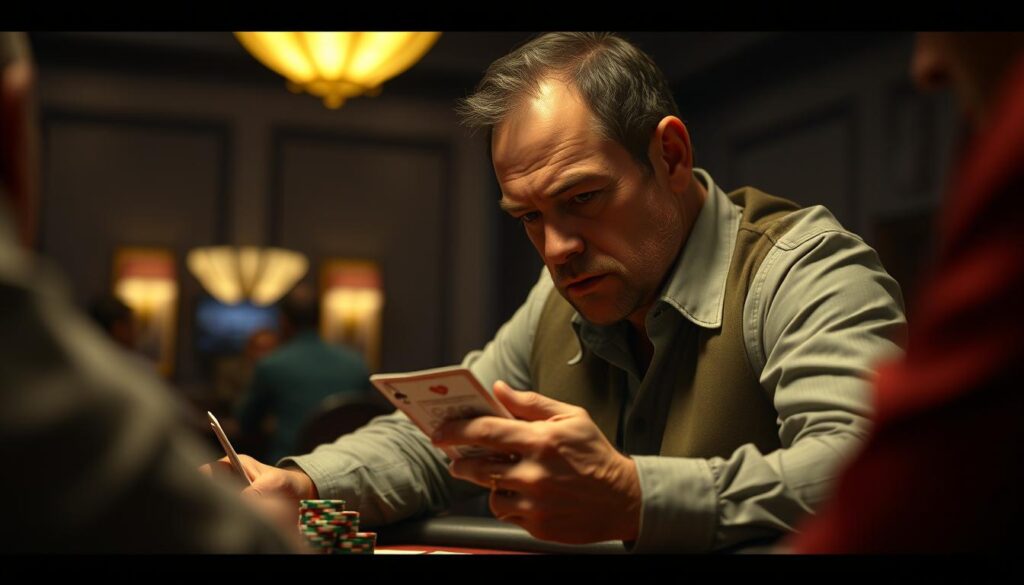 A poker player sits at a table, intently studying their cards and the movements of their opponents. The table is dimly lit, creating a sense of tension and focus. The player's expression is one of calculated analysis, their brow furrowed as they weigh their options. In the background, the blinds of the poker table are visible, hinting at the defensive strategies the player may employ to protect their stack. The scene is rendered in a realistic, cinematic style, with attention to detail in the player's attire, the poker chips, and the overall atmosphere of the game.