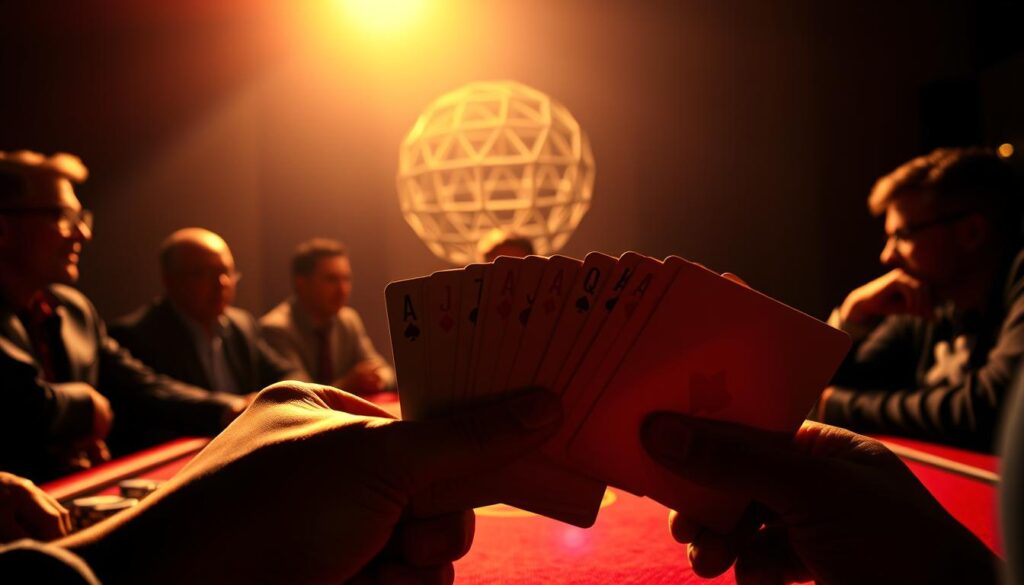 A poker table illuminated by a warm, focused light, casting dramatic shadows. In the foreground, a hand of cards is held, revealing a semi-bluff strategy. The middle ground features players deep in thought, their expressions and body language conveying complex decision-making. In the background, a multi-level geometric structure symbolizes the layers of strategic thinking, creating a visually striking and conceptual representation of "multi-level thinking poker". The scene is captured with a cinematic, slightly low-angle perspective, emphasizing the tension and intensity of the game.