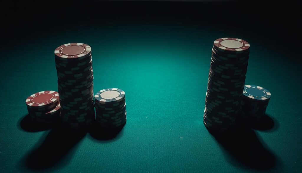 A serene poker table, dimly lit, with two distinct stacks of poker chips - one pile neatly merged, the other sharply divided. The merged stack symbolizes a player's confidence, their ability to read the situation and make calculated moves. The polarized stack represents a player hesitant, unsure of their next step, caught in a moment of indecision. Soft shadows cast across the green felt, creating a pensive atmosphere, inviting the viewer to delve into the psychology of the game. A single spotlight illuminates the center of the table, drawing the eye to the critical juncture where strategy and instinct converge. This image aims to capture the essence of "Spotting the Right Situations" in the art of bluffing and semi-bluffing in poker.
