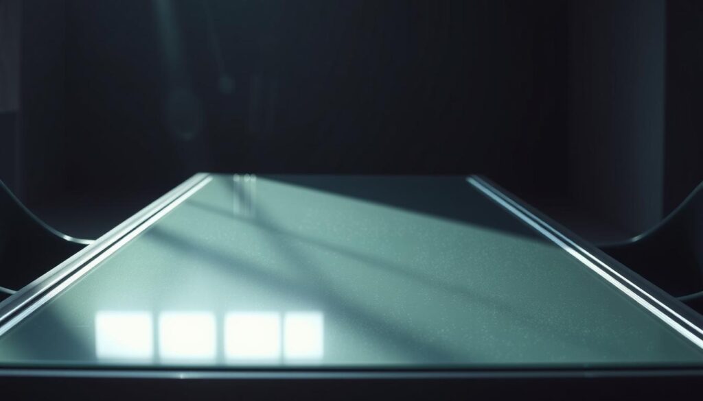 A sleek, modern table with a glass top rests in a dimly lit room, casting subtle reflections on its surface. The table's edges are lined with a polished, metallic trim, hinting at a strategic, analytical aesthetic. Soft, directional lighting from above illuminates the table, creating areas of focus and shadow that suggest the potential for careful observation and subtle manipulation. The background is blurred, drawing the viewer's attention to the table's surface, which appears to be a canvas for strategic deliberation and decision-making. The overall mood is contemplative, hinting at the power of table image as a tool for outsmarting one's opponents.
