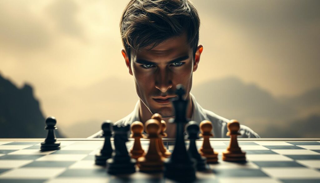 A strategic player stands at a crossroads, contemplating their next move. In the foreground, a chessboard represents the arena of play, its pieces arranged in a dynamic state of flux. The player's gaze is intense, brow furrowed, as they weigh the pros and cons of various tactics. The background is a hazy, ethereal landscape, suggesting the abstract nature of decision-making. Soft, directional lighting casts shadows that add depth and drama to the scene, while a shallow depth of field keeps the focus on the central figure. The overall mood is one of tension and contemplation, capturing the moment when a player must adapt their default strategies to outmaneuver their opponent.