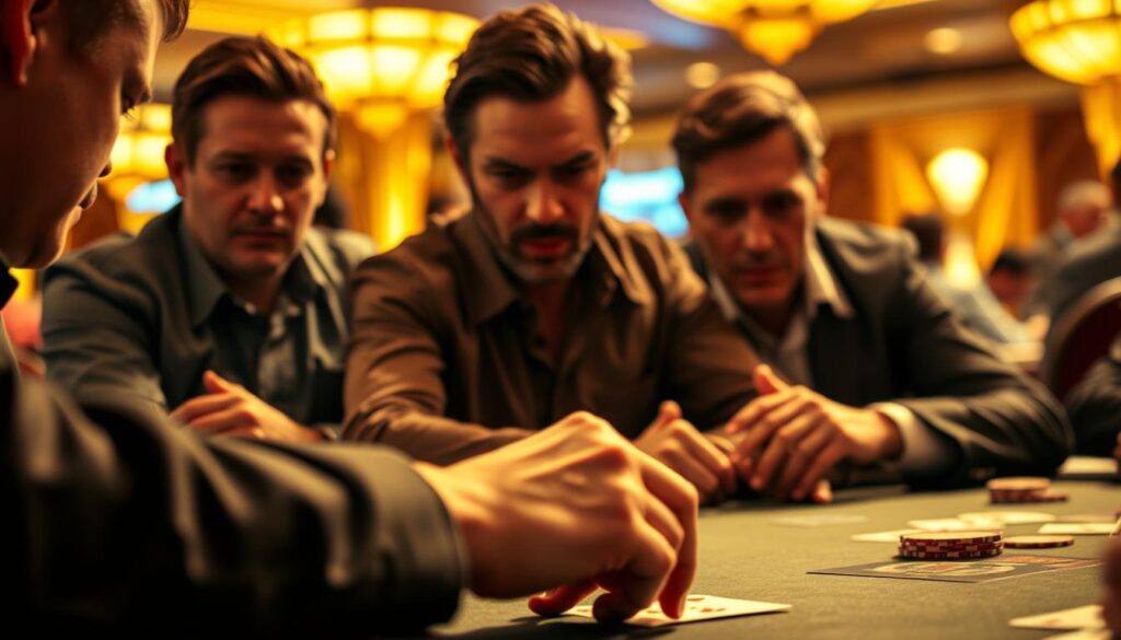 A busy casino table with a group of serious-faced players engaged in a high-stakes poker game. The table is bathed in warm, golden lighting, creating an atmosphere of intense focus and concentration. In the foreground, a player's hand hovers over their cards, carefully considering their next move. Behind them, another player leans in, studying their opponent's tells. The background is slightly blurred, drawing the viewer's attention to the central action at the table. The scene conveys the strategic and analytical nature of value bet strategies, as the players strive to maximize their returns in this high-pressure environment.