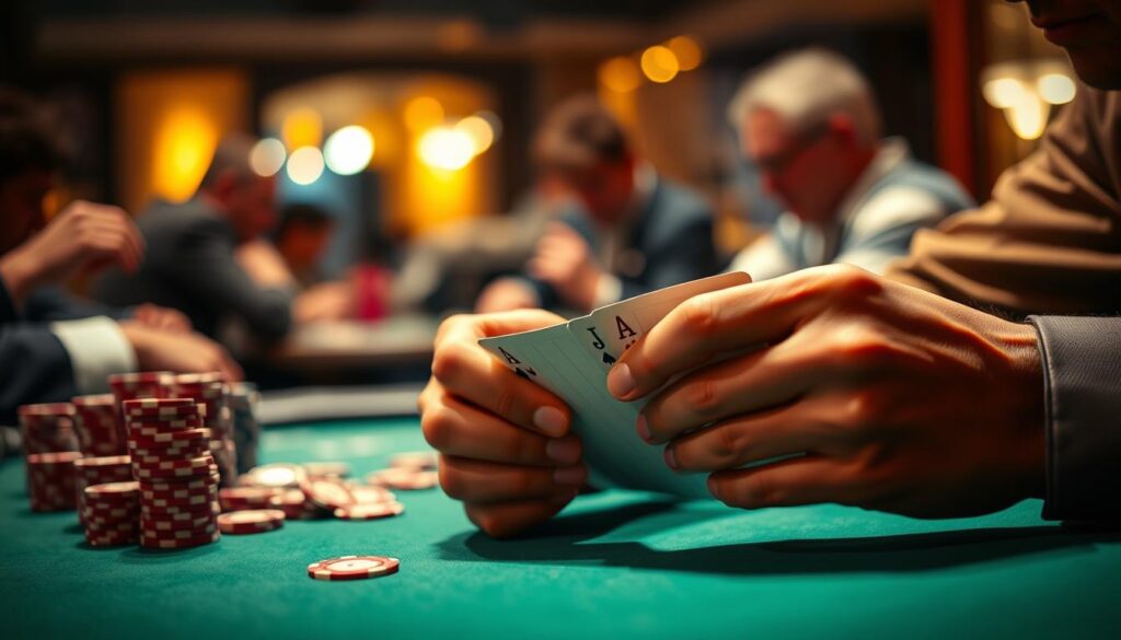 A close-up view of a poker player's hands on a green felt table, examining a set of cards with a contemplative expression. In the background, an array of poker chips and a blurred image of other players engaged in heated competition. The scene is bathed in a warm, focused light, creating a sense of intensity and strategic depth. The image conveys the complex decision-making process involved in advanced post-flop play, where players must carefully weigh their options and capitalize on the weaknesses of their opponents.