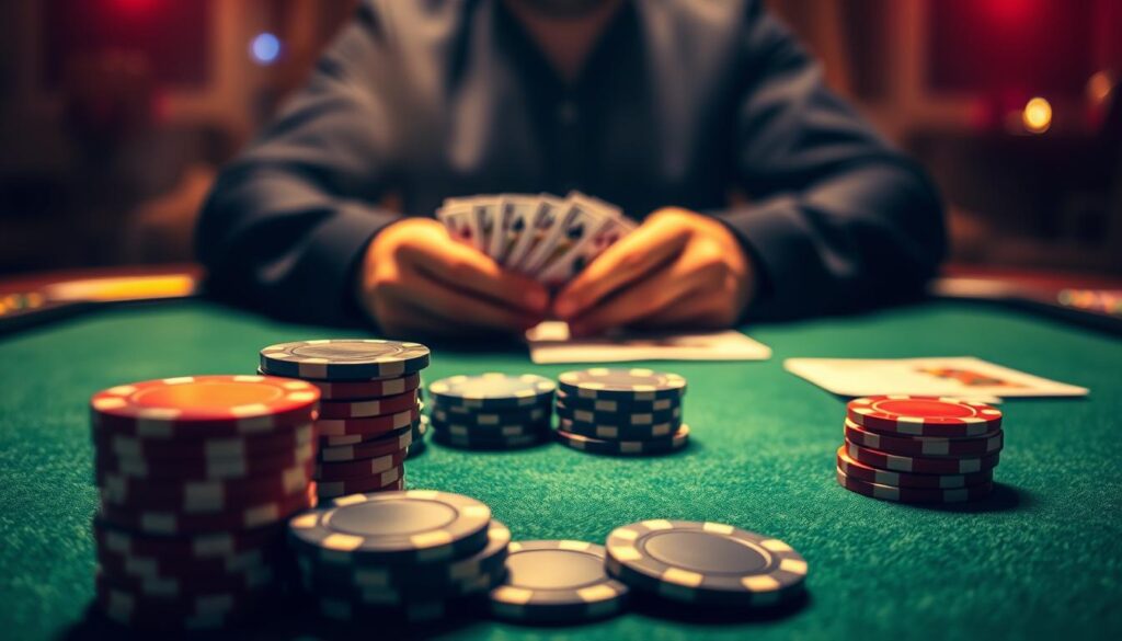 A close-up view of a poker table, the green felt surface reflecting the soft, warm lighting. In the foreground, poker chips in a neat stack, their vibrant colors and metallic accents shimmering. Across the table, a player's hands hold a strong GTO (Game Theory Optimal) poker strategy, the cards' faces obscured, emphasizing the thoughtful decision-making process. The background fades into a hazy, atmospheric ambiance, creating a sense of contemplation and focus. The overall scene conveys the importance of GTO principles in modern poker, where strategic depth and optimal play are key to success.