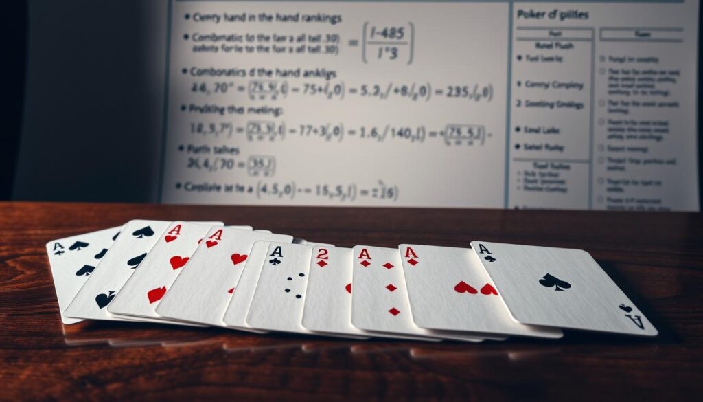 A detailed analysis of poker hand combinations displayed on a sophisticated wooden table. In the foreground, a series of playing cards showcasing various hand rankings, such as a royal flush, straight flush, and four of a kind, arranged in a visually compelling manner. The middle ground features mathematical equations and probability calculations, highlighting the underlying combinatorics and equity principles. The background is softly lit, creating a thoughtful, academic atmosphere, with subtle textures and patterns that complement the overall composition. The image conveys a sense of intellectual rigor and strategic depth, suitable for illustrating the "Real Hand Examples and Step-By-Step Analysis" section of the article.