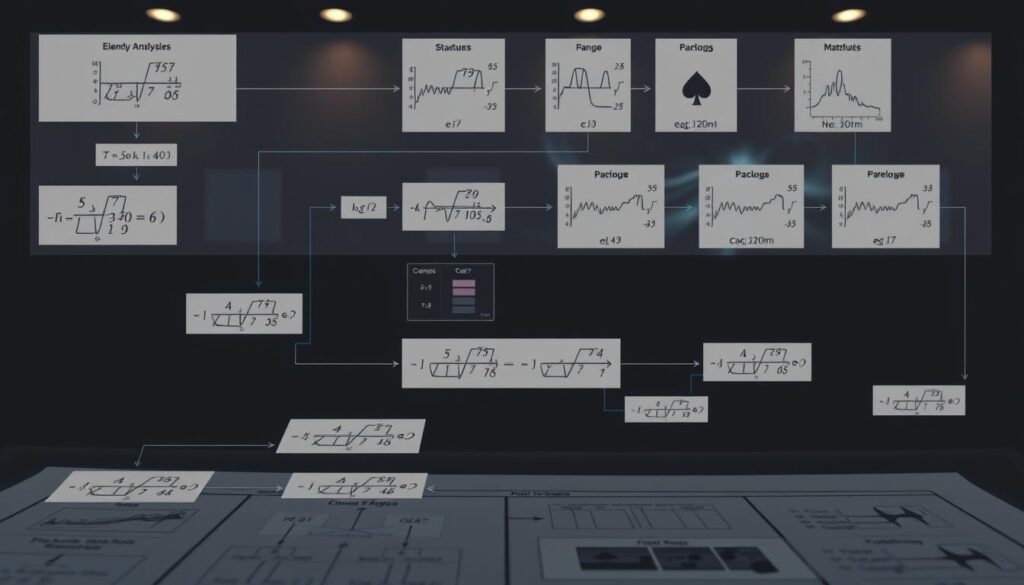 A detailed, technical flowchart depicting the intricate mathematical relationships and calculations involved in range analysis for modern poker strategies. The foreground shows a meticulously crafted diagram with clean lines, boxes, and arrows illustrating the step-by-step process. The middle ground features elegant data visualizations and statistical models, conveying the depth and sophistication of the analytical methods. The background subtly suggests a dimly lit, contemplative environment, with muted tones and soft lighting to focus the viewer's attention on the core mathematical concepts. The overall impression is one of intellectual rigor, mathematical prowess, and strategic mastery - the essential tools for navigating the modern poker landscape.