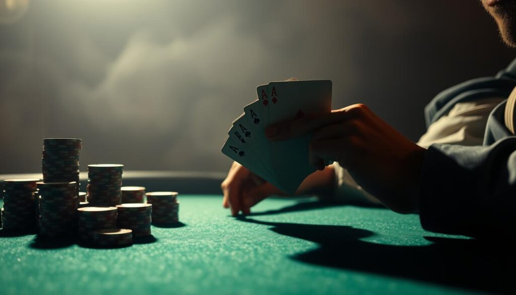 A dimly lit game table, the green felt shimmering under a single spotlight. Stacks of poker chips in varying denominations sit neatly arranged, hinting at a carefully calculated strategy. The player's hand holds a pair of cards, their expression one of focused contemplation, considering the thin value opportunity before them. The background fades into a hazy, atmospheric blur, drawing the viewer's attention to the crucial decision at hand. Subtle shadows cast by the cards and chips create a sense of depth and three-dimensionality, while the warm, muted tones evoke the cerebral nature of this specialized betting technique.