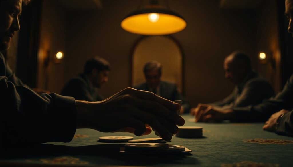 A dimly lit, high-stakes poker table comes into focus. In the foreground, a player's hands delicately manipulate their cards, their expression unreadable. The table's surface is worn, the felt faded, hinting at countless games played here. Overhead, a single, low-hanging lamp casts a warm, golden glow, creating deep shadows that obscure the other players' faces. The background is blurred, drawing the viewer's attention to the central action - a subtle, calculated move that could make or break the game. The atmosphere is tense, the air thick with anticipation, as the player contemplates their next play, exploiting the table's marginal value scenarios.