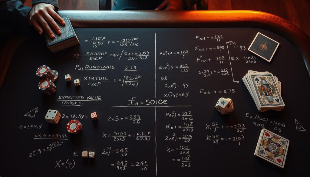 A dimly lit poker table bathed in a warm, amber glow. On the felt surface, intricate mathematical calculations and probability formulas are scrawled in chalk, creating a visually striking contrast. A stack of poker chips, a pair of dice, and a deck of cards sit alongside the equations, hinting at the strategic depth of the game. The scene exudes an air of intellectual focus, where the players must navigate the nuances of probability and expected value to gain an edge. The camera angle is slightly elevated, offering a bird's-eye view that emphasizes the cerebral nature of the task at hand.