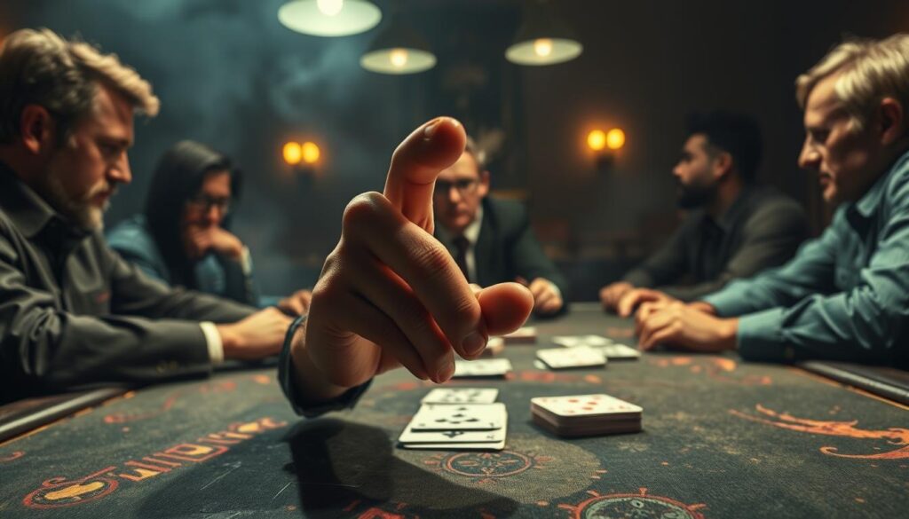 A dimly lit poker table, the felt worn and weathered, sets the stage for a game of strategic depth. In the foreground, a player's hand hovers over their cards, their expression inscrutable, conveying the poise and control of a seasoned meta-strategist. Surrounding them, the other players are frozen in tense contemplation, their body language and subtle tells hinting at the complex web of deception and misdirection unfolding. The overhead lighting casts dramatic shadows, emphasizing the high-stakes tension of the moment. In the background, the room fades into a hazy, atmospheric blur, the focus drawing the viewer's attention to the central tableau of the meta-strategic dance.