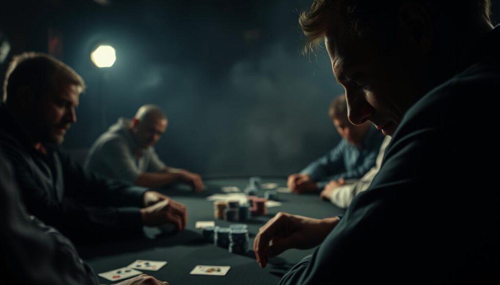 A dimly lit poker table, the players' faces cast in dramatic shadows. In the foreground, a sharp-eyed observer studies the subtle tells of their opponents - the twitching of an eyebrow, the nervous fidgeting of hands, the barely perceptible shift in posture. The middle ground is a hazy blur of cards, chips, and intense concentration, while the background fades into a mysterious, smoky atmosphere. The lighting is low and moody, creating an air of heightened tension and strategic calculation. The camera angle is slightly elevated, giving the viewer a sense of detachment and strategic advantage, as if they too are reading the players' every move.