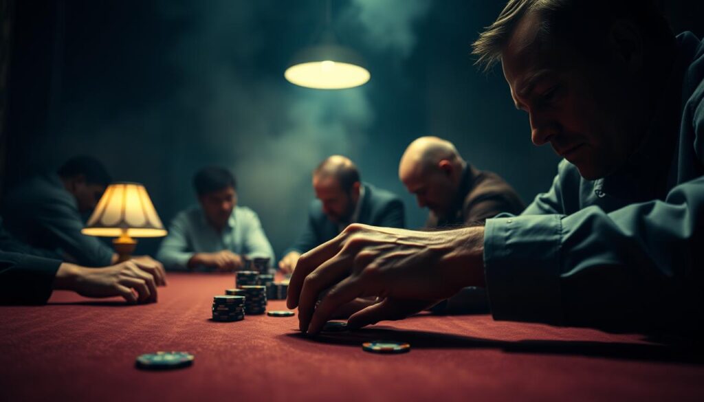 A dimly lit poker table, the players' intense focus illuminated by the soft glow of table lamps. In the foreground, a player's hands carefully manipulate a stack of chips, their expression unreadable as they ponder their next move. The middle ground features a group of players, their brows furrowed, eyes scanning their cards and the table, searching for any tells or weaknesses in their opponents' defenses. In the background, the room is shrouded in a hazy atmosphere, creating a sense of mystery and tension, as the game's outcome hangs in the balance. The scene is captured with a cinematic, low-angle perspective, emphasizing the high-stakes nature of the moment.