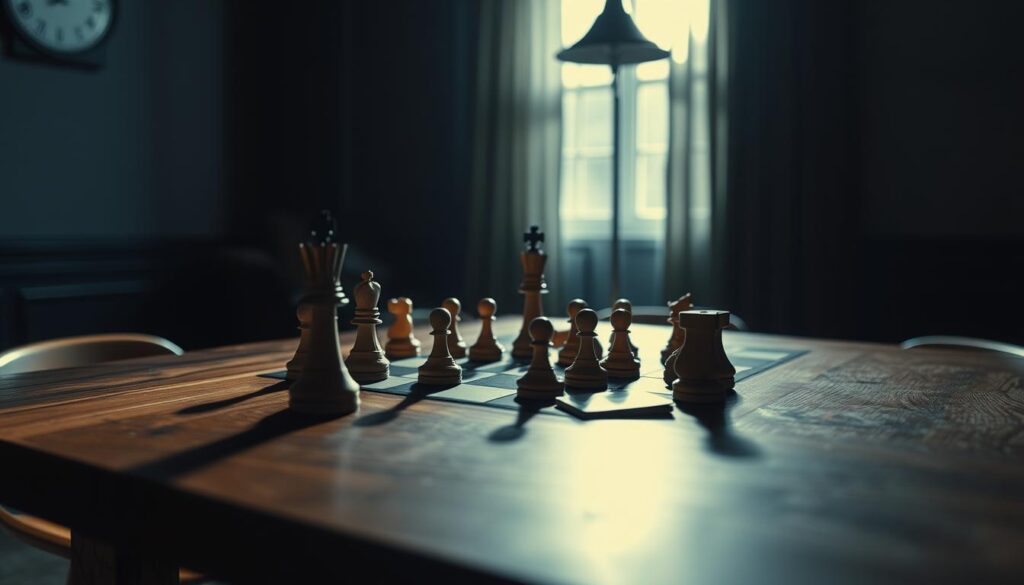 A dimly lit room, a wooden table stands as the centerpiece. On its surface, an array of chess pieces and cards, representing the complexities of strategy and adaptability. Soft shadows cast by a single lamp, creating an atmosphere of contemplation. The pieces are arranged in a manner that suggests a game in progress, hinting at the dynamic nature of the subject matter. The background is blurred, allowing the table and its contents to be the focal point, guiding the viewer's attention to the core of the concept. The lighting is subtle, creating a sense of depth and dimension, inviting the viewer to delve deeper into the strategic landscape before them.