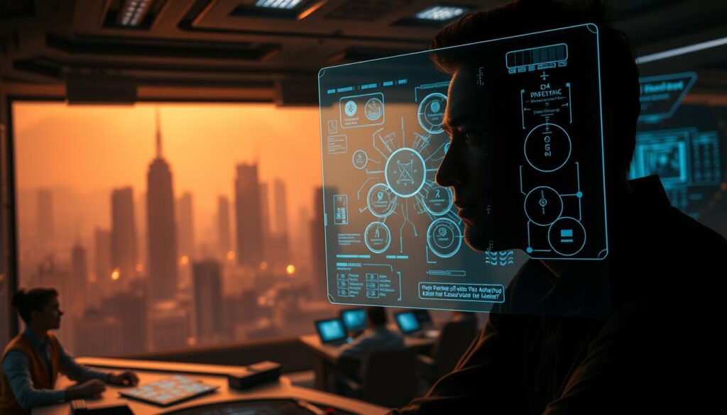A dimly lit strategic command center, with a large holographic display showcasing intricate diagrams and visualizations of advanced poker gameplay mechanics. In the foreground, a skilled player, their face partially obscured by shadow, scrutinizes the data, their expression one of deep contemplation. The middle ground features a cluster of interactive consoles, where analysts in focused concentration study the flow of information. The background is a hazy, futuristic landscape, with towering skyscrapers and a sense of technological sophistication. The lighting is moody, with a mix of warm and cool tones, creating an atmosphere of intense intellectual engagement and strategic depth.
