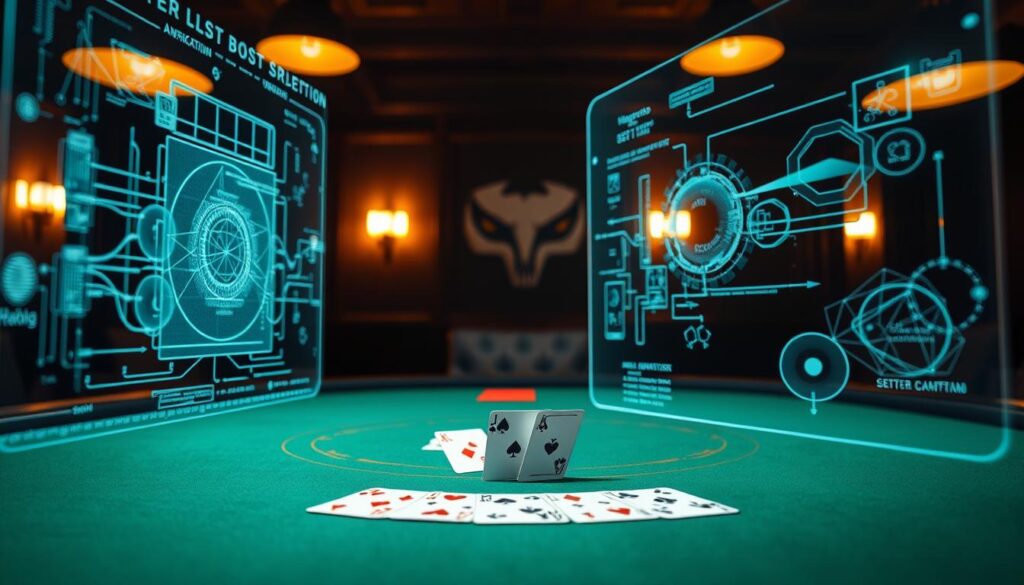 A dimly lit table in a poker room, the green felt surface illuminated by the warm glow of overhead lamps. Centered on the table, a hand of cards is displayed, its details meticulously rendered. Surrounding the cards, holographic visualizations depict complex statistical models, neural networks, and game-theoretic strategies, creating an immersive environment that showcases the nuanced decision-making processes of advanced postflop play. The scene is captured through a shallow depth of field, drawing the viewer's attention to the critical elements while suggesting the broader context of a high-stakes poker game. The overall mood is one of contemplation and intellectual rigor, reflecting the strategic depth of the subject matter.