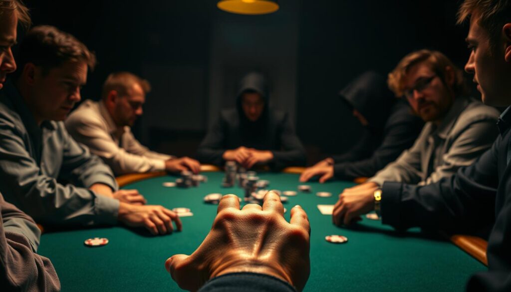 A high-stakes poker table set against a dark, moody backdrop. The players' faces are obscured, but their body language and stack sizes suggest intense focus and calculated risk-taking. The table is illuminated by warm, dramatic lighting, casting dramatic shadows and highlights across the green felt surface. In the foreground, a player's hand hovers over a stack of chips, their expression unreadable as they contemplate their next move - a value bet that could make or break the hand. The scene conveys the tension and strategic depth of advanced poker play, where every decision can have profound consequences.