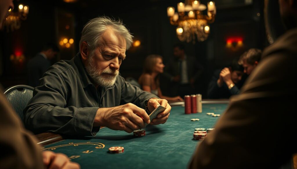A high-stakes poker table, the felt surface weathered and worn. A seasoned player, focused and intense, studies his cards, a slight grin playing on his lips as he contemplates his next move. The lighting is low, casting dramatic shadows across the players' faces, creating an atmosphere of tension and strategy. In the background, the dimly lit room is filled with the murmur of conversation and the occasional clink of chips, adding to the sense of a high-stakes game. The camera angle is slightly elevated, giving the viewer a bird's-eye view of the action, as if they are observing the game from a hidden vantage point.