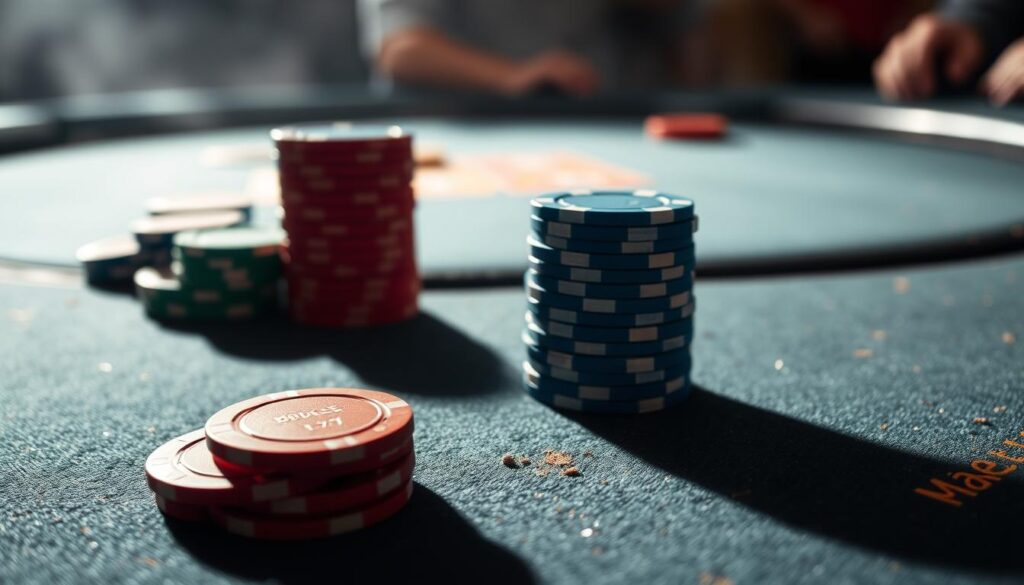 A high-stakes poker table, the felt worn and weathered. In the foreground, two distinct stacks of chips - one in red and one in blue - representing polarized ranges. The red stack, larger and dominating, symbolizes the "recreational" player's overly aggressive style. The blue stack, smaller and more measured, depicts the "professional" player's more balanced approach. Subtle shadows cast by the carefully positioned lighting create depth and drama, drawing the viewer's eye to the heart of the analysis. The background is hazy, blurred, emphasizing the focus on the critical decision-making unfolding on the table. The overall atmosphere conveys the tension and strategic complexity of the game, inviting the viewer to delve deeper into the nuances of exploiting recreational players.