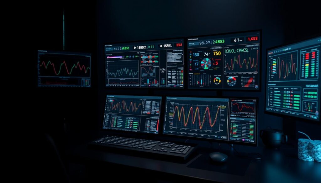 A highly detailed, photorealistic render of an advanced poker math solver analysis interface, set against a dark, focused backdrop. The foreground showcases a complex data visualization dashboard, with intricate graphs, heatmaps, and statistical models displayed on multiple high-resolution monitors. Sophisticated algorithms and complex mathematical formulas are visible in the middle ground, illuminated by the soft glow of the screens. The background is shrouded in deep shadows, creating a moody, contemplative atmosphere, emphasizing the intense, analytical nature of the scene. Precise lighting and camera angles highlight the sleek, modern design of the setup, conveying a sense of technological sophistication and mathematical precision.