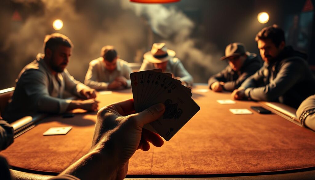 A poker table illuminated by a soft, warm light, casting subtle shadows. In the foreground, a player's hand holding a pair of cards, their face obscured by a fedora tilted down. In the middle ground, the other players around the table, their expressions ranging from focused intensity to bored disinterest. In the background, a hazy, smoky atmosphere, creating a sense of tension and strategic contemplation. The scene conveys the high-stakes, cerebral nature of advanced postflop play, where small mistakes can have outsized consequences.