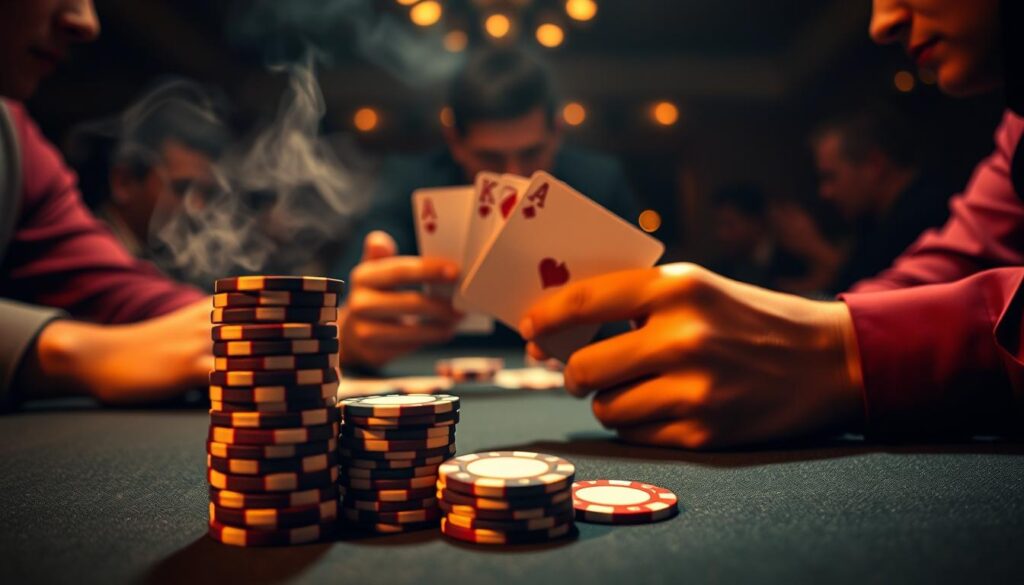 A thoughtful, close-up depiction of a mixed strategy poker equilibrium. In the foreground, a stack of poker chips representing the optimal bet sizes, with a playing card strategically placed atop, suggesting the delicate balance of bluffing and value betting. The middle ground features a pair of hands holding poker cards, their body language conveying the careful consideration of the decision. In the background, a dimly lit, smoky casino ambiance sets the scene, with the faint outline of other players at the table, creating a sense of the high-stakes game. Warm, low-key lighting casts dramatic shadows, emphasizing the tension and concentration of the moment. The overall mood is one of strategic contemplation, hinting at the nuanced fold/call dynamics at the heart of the "Bluff Equity: Fold/Call Equilibrium" concept.