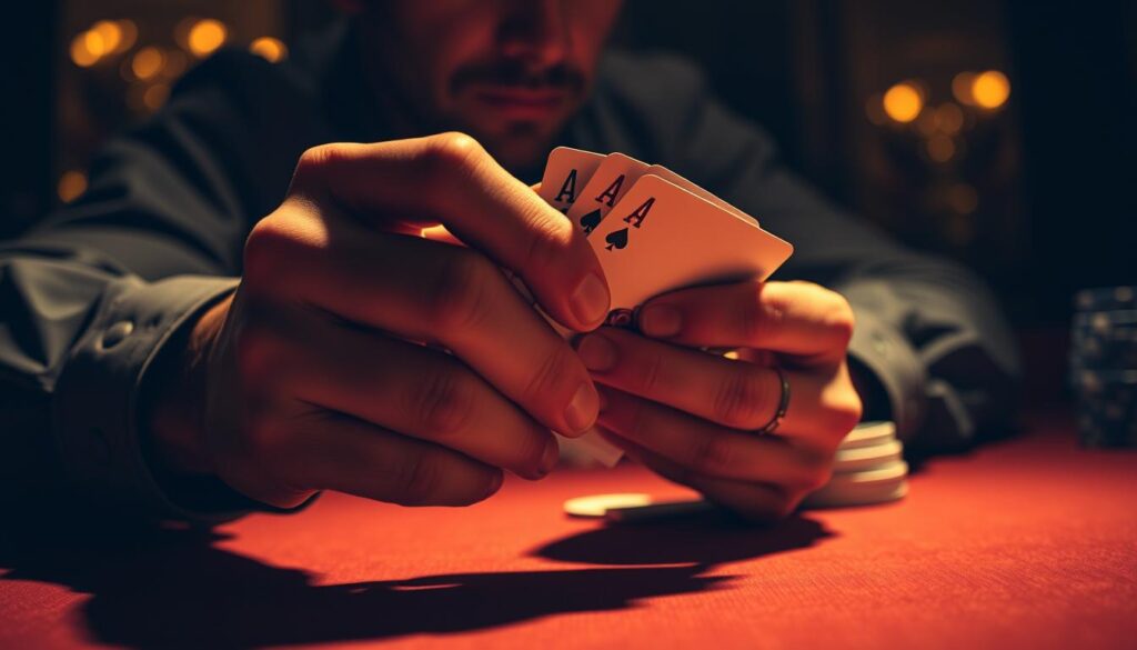 A close-up view of a poker player's hands expertly manipulating a deck of cards, showcasing advanced bluffing techniques. The cards are held with a firm yet deft grip, the player's expression focused and calculating. In the background, a dimly lit casino table sets the scene, with shadows and highlights creating a moody, atmospheric ambiance. The lighting is warm and dramatic, casting subtle shadows that accentuate the player's skilled movements. The camera angle is slightly elevated, providing an intimate perspective that draws the viewer into the tactile experience of the bluffing process.