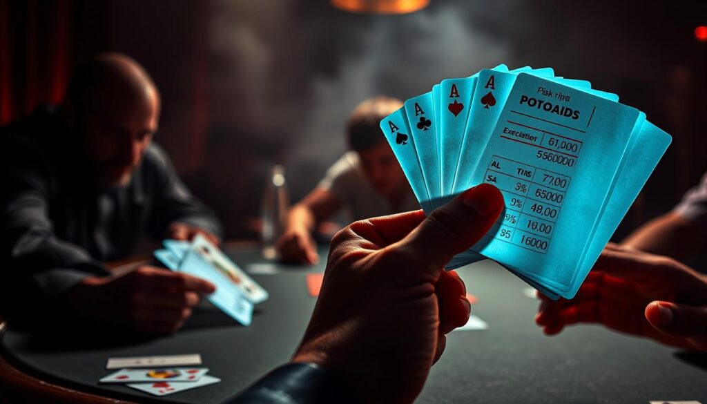 A high-stakes poker table, dimly lit, casting dramatic shadows. In the foreground, a hand holds a deck of cards, carefully calculating pot odds and expected value on a holographic display. In the middle ground, players lean in, faces obscured, tension thick in the air. The background fades into a hazy, smoky atmosphere, heightening the sense of strategic intensity. Precise, technical details of the calculations are visible, conveying the depth of analysis required for this pivotal river decision. The scene exudes a palpable aura of high-stakes risk and reward, perfectly capturing the essence of "Making Hero Calls/Folds".