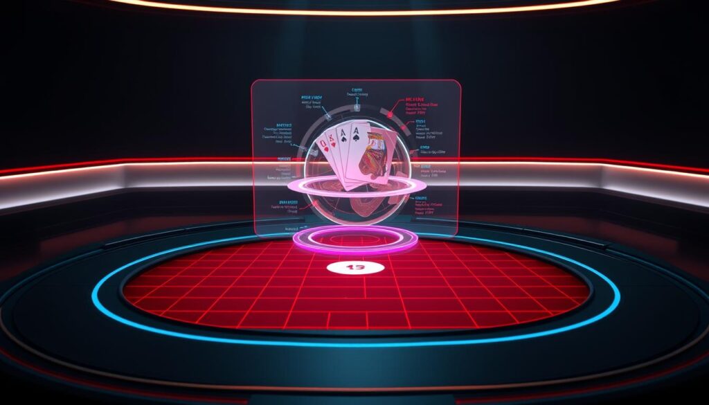 A highly detailed, photorealistic visualization of the "polarized bet range theory" concept. The scene depicts a sleek, futuristic interface displaying a 3D representation of a poker hand's betting range. The foreground features a translucent, color-coded grid overlaying a stylized poker table, visualizing the optimal bet sizes and frequencies. The middle ground showcases a rotating, holographic model of the betting range, with dynamic data points and statistical insights. The background immerses the viewer in a dimly lit, moody environment, accentuating the technical and analytical nature of the subject matter. Crisp lighting, high-quality textures, and a minimalist aesthetic combine to create a striking, informative, and visually engaging illustration.