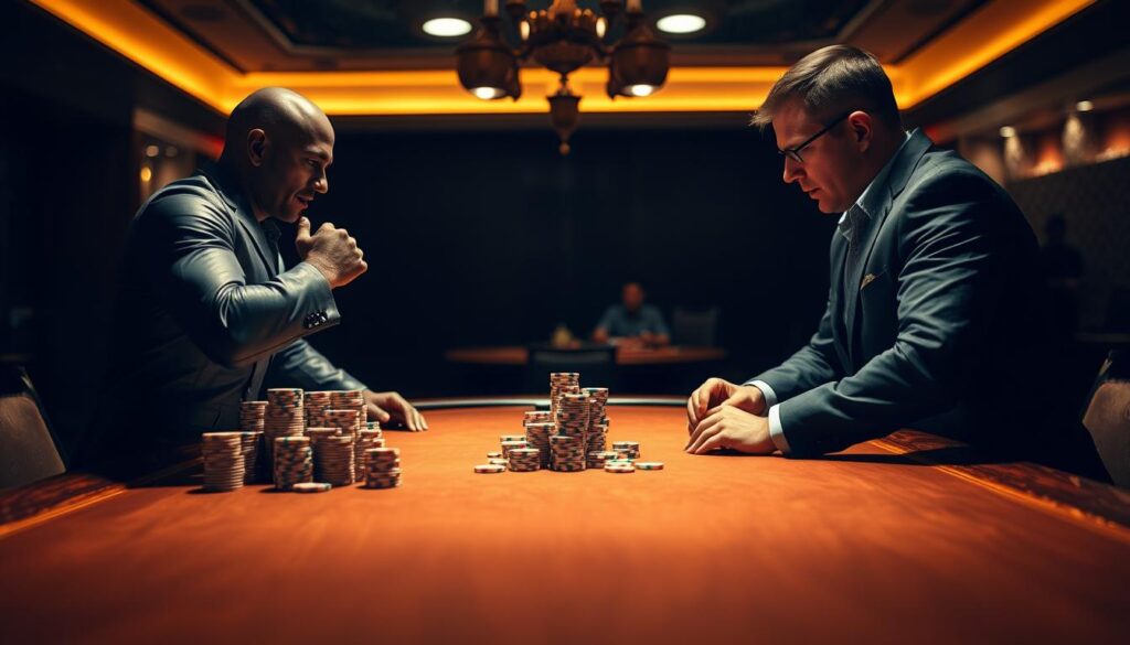 Two traders face off, their stances embodying contrasting strategies. On the left, a figure adopts a polarized stance, their chips stacked high, exuding confidence and aggression. Across the table, a merged approach is personified by a more measured player, their chips distributed evenly, conveying a sense of balance and control. The table's surface is a polished mahogany, casting warm reflections, while overhead lighting casts dramatic shadows, heightening the tension of the scene. The background fades into a dimly lit casino environment, the players' focus entirely on the critical decision before them.